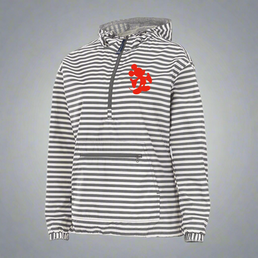 LADIES FIT - Grey and White Striped 1/4 Zip Rain Jacket w/ Red Silhouette